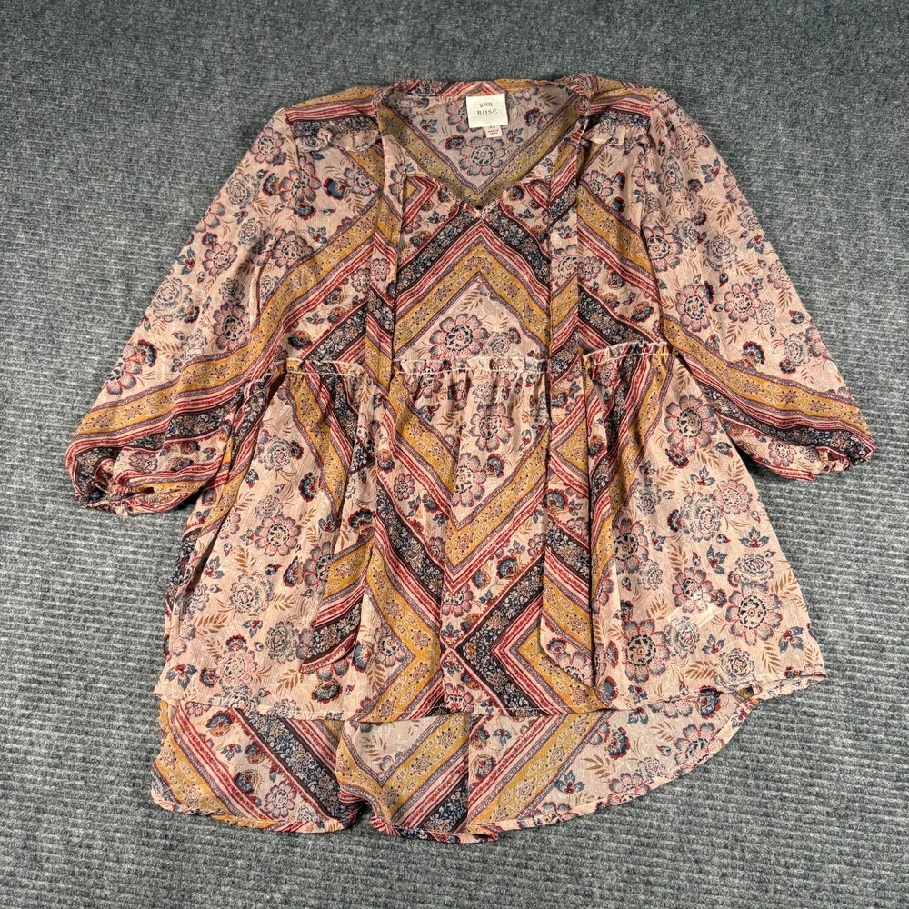Knox Rose Blouse Womens XS Pink Excellent Boho Floral Peplum High-Low V-Neck